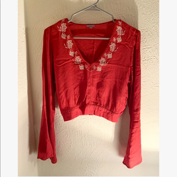 Red Orange Boho Crop Top with Flared Sleeve - Picture 2 of 4